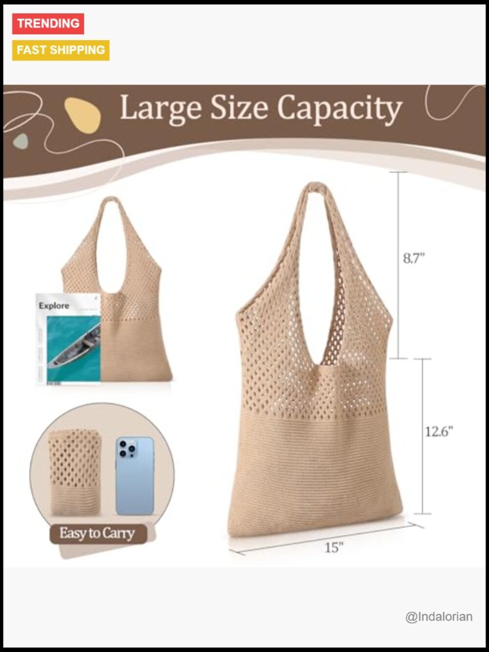 Crochet Mesh Beach Tote Bag, Lightweight Shoulder Bag for Women, Summer - Picture 4 of 7